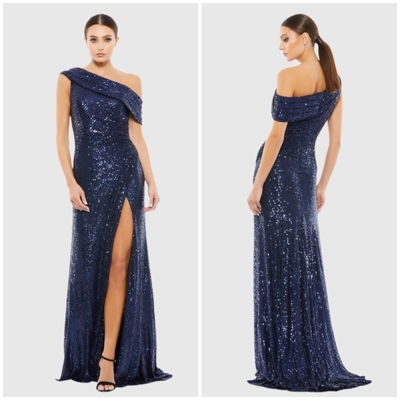 IEENA FOR MAC DUGGAL Navy Sequined Drop Shoulder Gown - Picture 1 of 6
